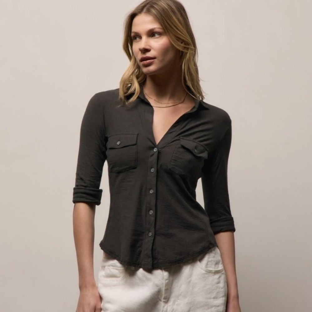 James Perse Sheer Slub Side Panel Carbon Grey Button Shirt Womens L Minimalist